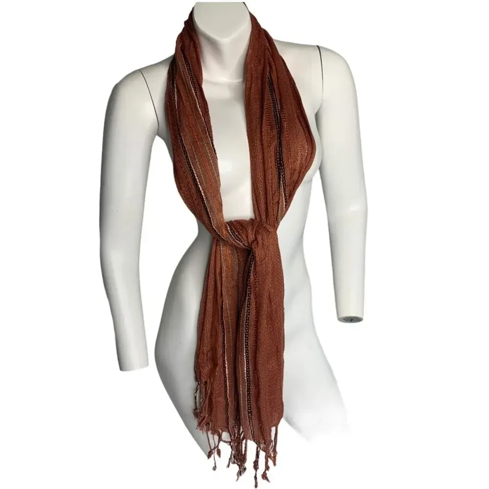 Wide scarf / wrap orange brown Knot tassel fringe